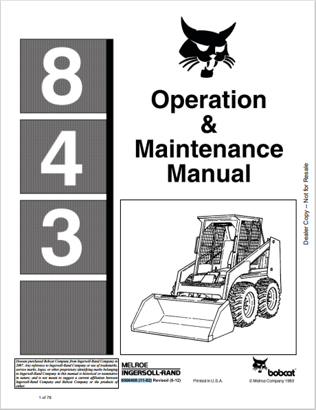 BOBCAT 843 OPERATION & MAINTENANCE MANUAL (6566408) - PDF FILE