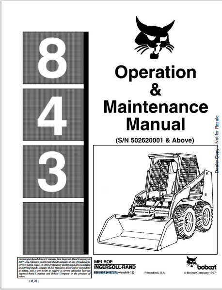 BOBCAT 843 OPERATION & MAINTENANCE MANUAL (6566894) - PDF FILE