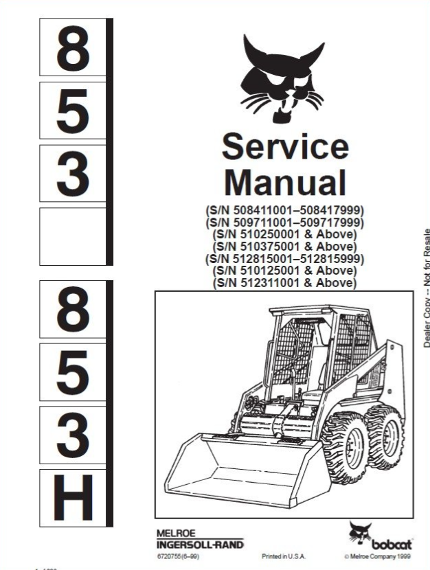 BOBCAT 853, 853H LOADER SERVICE REPAIR WORKSHOP MANUAL - PDF FILE