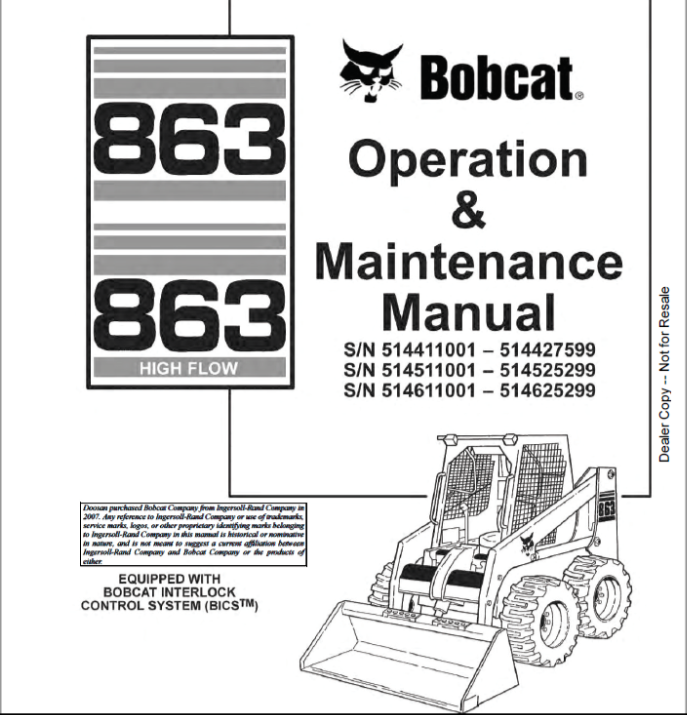 BOBCAT 863 & 863 HIGH FLOW LOADER OPERATION & MAINTENANCE MANUAL 6900373 - PDF FILE