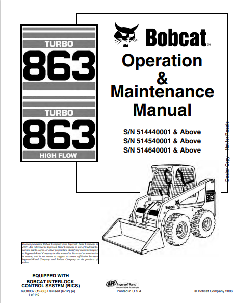 BOBCAT 863 OPERATION & MAINTENANCE MANUAL (6900937) - PDF FILE