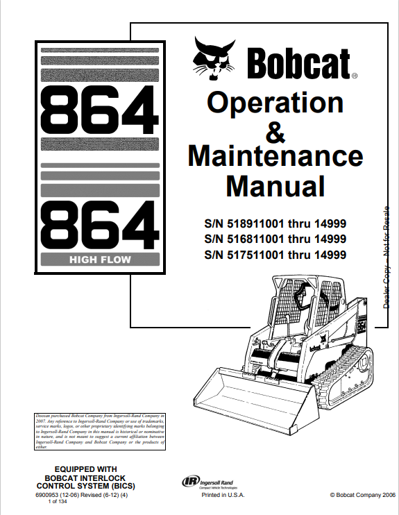 BOBCAT 864 OPERATION & MAINTENANCE MANUAL (6900953) - PDF FILE