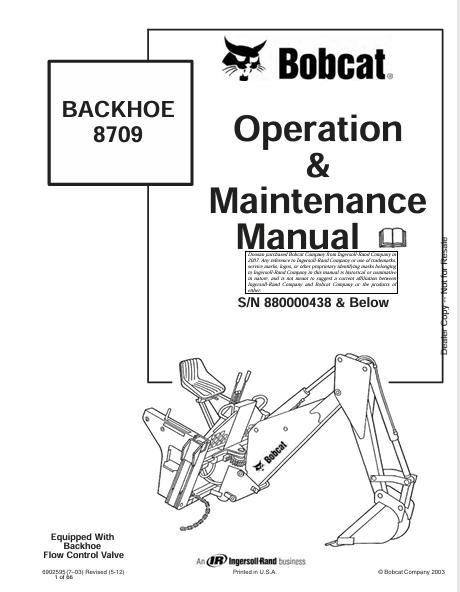 BOBCAT 8709 BACKHOE OPERATION & MAINTENANCE MANUAL (6902595) - PDF FILE