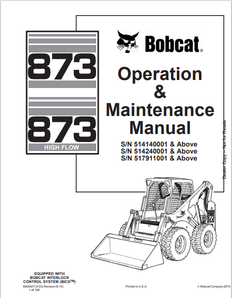 BOBCAT 873 OPERATION & MAINTENANCE MANUAL (6900927) - PDF FILE