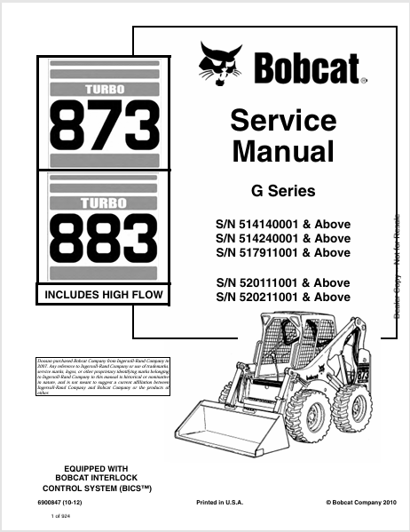 BOBCAT 873 TURBO, 883 TURBO G SERIES SERVICE MANUAL (6900847) - PDF FILE