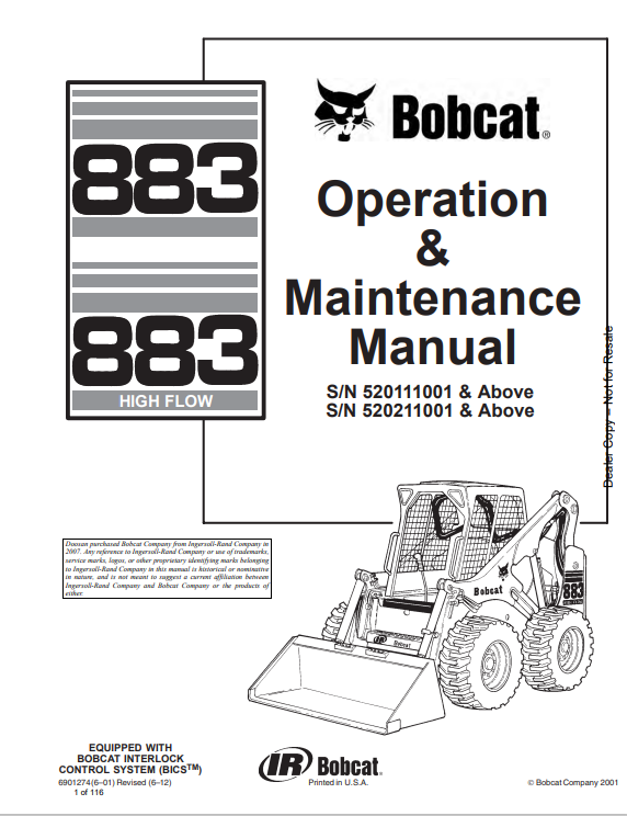 BOBCAT 883 OPERATION & MAINTENANCE MANUAL (6901274) - PDF FILE