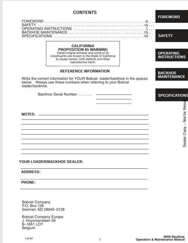 BOBCAT 905B BACKHOE (6566554) OPERATION AND MAINTENANCE MANUAL PDF FILE