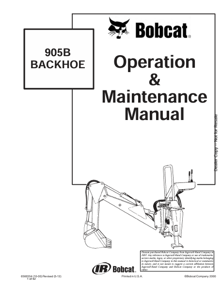 BOBCAT 905B BACKHOE OPERATION & MAINTENANCE MANUAL (6566554) - PDF FILE