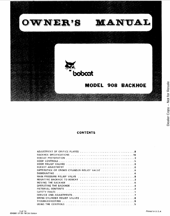 BOBCAT 908 BACKHOE (6549881) OPERATION AND MAINTENANCE MANUAL PDF FILE