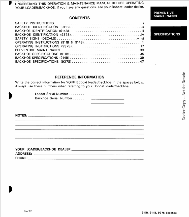BOBCAT 911B, 914B, 937S BACKHOE (6720413) OPERATION AND MAINTENANCE MANUAL PDF FILE