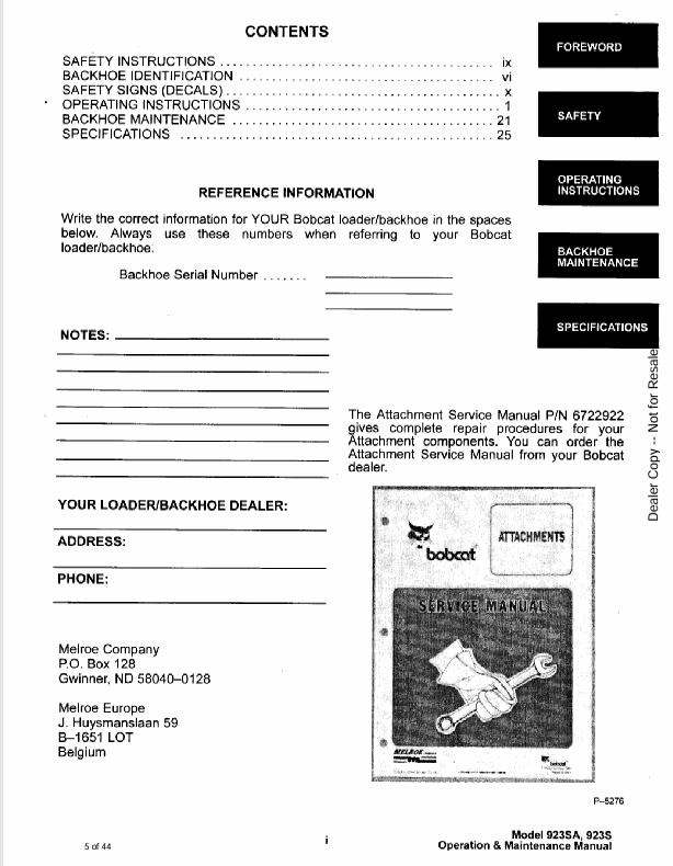 BOBCAT 923SA, 923S BACKHOE (6570937) OPERATION AND MAINTENANCE MANUAL PDF FILE