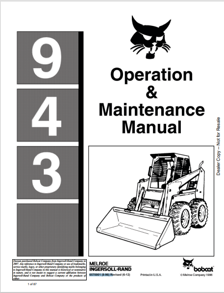 BOBCAT 943 OPERATION & MAINTENANCE MANUAL (6570001) - PDF FILE