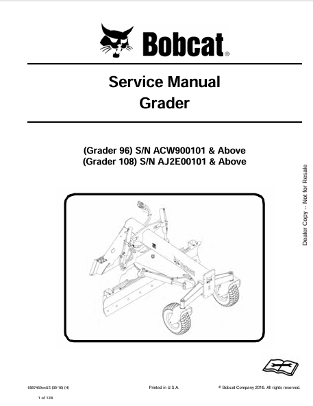 BOBCAT 96, 108 GRADER SERVICE MANUAL (6987469) - PDF FILE