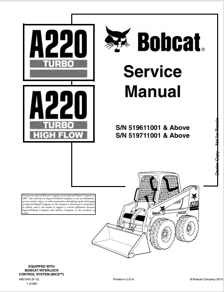 BOBCAT A220 TURBO, A220 TURBO HIGH FLOW SERVICE MANUAL (6901245) - PDF FILE