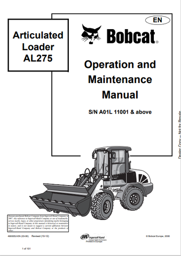 BOBCAT AL275 ARTICULATED LOADER OPERATION AND MAINTENANCE MANUAL (4900052) - PDF FILE