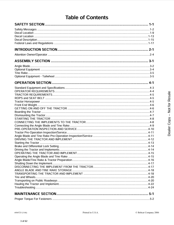 BOBCAT ANGLE BLADE & TINE RAKE (6904725) OPERATION AND MAINTENANCE MANUAL PDF FILE