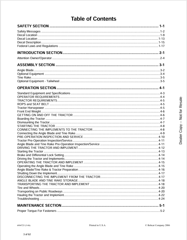 BOBCAT ANGLE BLADE & TINE RAKE (6904725) OPERATION & MAINTENANCE MANUAL PDF DOWNLOAD