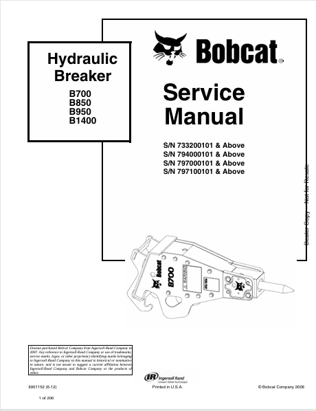 BOBCAT B700, B850, B950, B1400 HYDRAULIC BREAKER SERVICE MANUAL (6901152) - PDF FILE