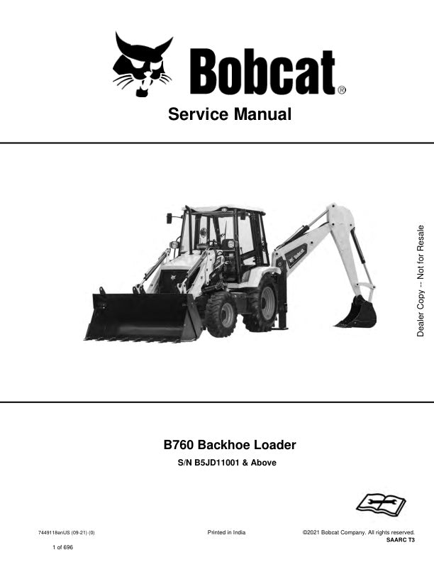 BOBCAT B760 B5JD11001 & UP Service Manual 7449118 PDF (09-21)
