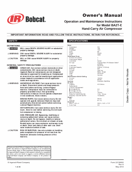 BOBCAT BA2T-E HAND-CARRY AIR COMPRESSOR OPERATION AND MAINTENANCE INSTRUCTIONS OWNER'S MANUAL (22138093) - PDF FILE