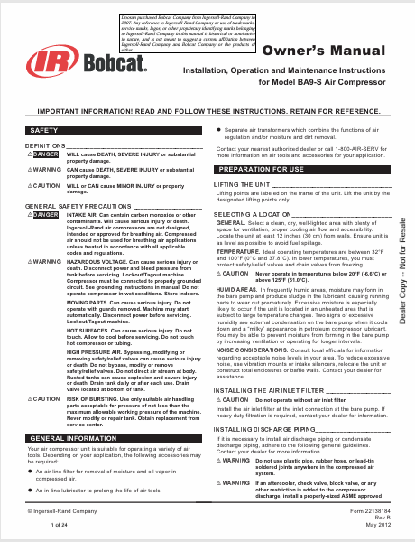 BOBCAT BA9-S AIR COMPRESSOR INSTALLATION,OPERATION AND MAINTENANCE INSTRUCTIONS OWNER'S MANUAL (22138184) - PDF FILE