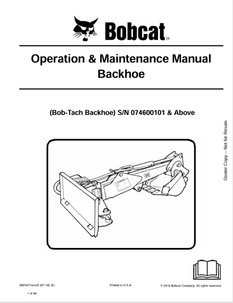 BOBCAT BACKHOE OPERATION & MAINTENANCE MANUAL (6901671) - PDF FILE