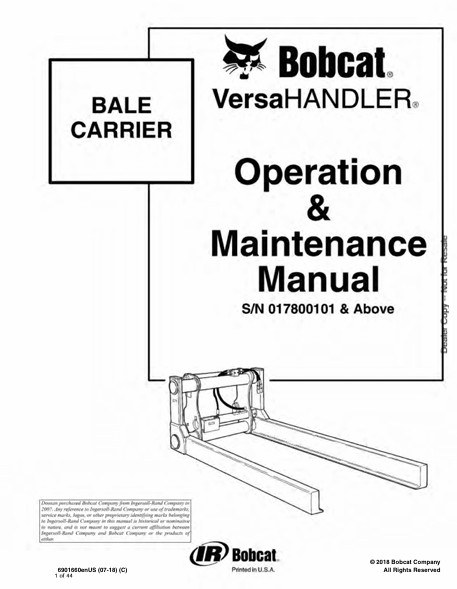 BOBCAT BALE CARRIER VERSAHANDLER OPERATION & MAINTENANCE MANUAL (6901660) - PDF FILE