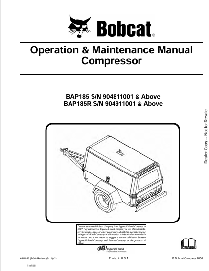 BOBCAT BAP185R, BAP185 OPERATION & MAINTENANCE MANUAL (6901953) - PDF FILE