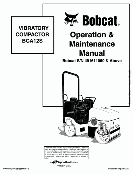 BOBCAT BCA12S VIBRATORY COMPACTOR OPERATION & MAINTENANCE MANUAL (6902244) - PDF FILE