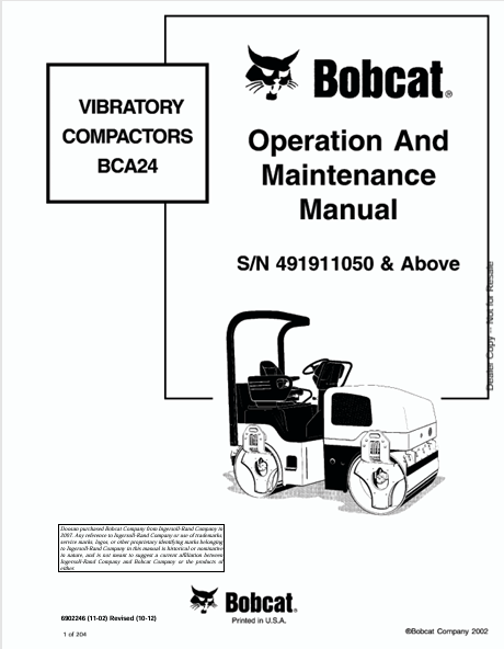 BOBCAT BCA24 VIBRATORY COMPACTORS OPERATION & MAINTENANCE MANUAL (6902246) - PDF FILE