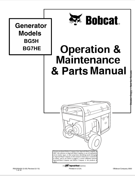 BOBCAT BG5H, BG7HE GENERATOR OPERATION & MAINTENANCE & PARTS MANUAL (22256432) - PDF FILE