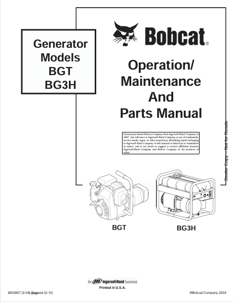 BOBCAT BGT, BG3H GENERATOR OPERATION / MAINTENANCE AND PARTS MANUAL (6902807) - PDF FILE