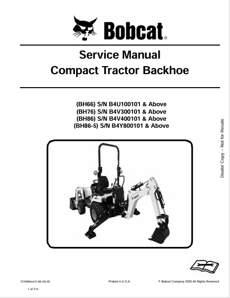 BOBCAT BH66, BH76, BH86, BH86-5 COMPACT TRACTOR BACKHOE SERVICE MANUAL (7376989) - PDF FILE