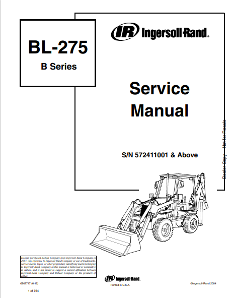 BOBCAT BL-275 B SERIES IR INGERSOLL RAND SERVICE MANUAL (6902717) - PDF FILE