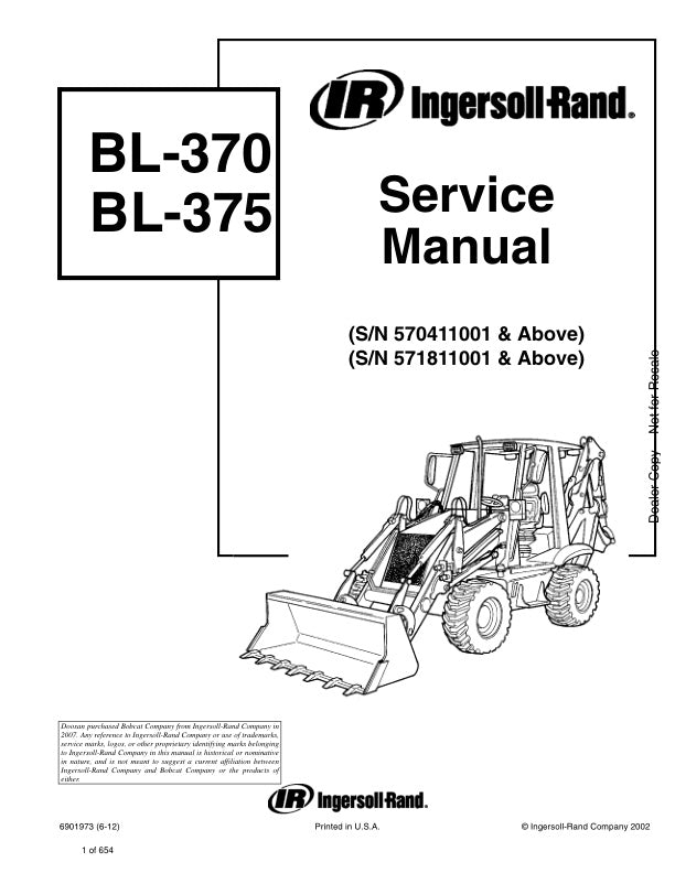 Bobcat BL-370 BL-375 570411001 571811001 & Up Service Information 6901973 (06-12)