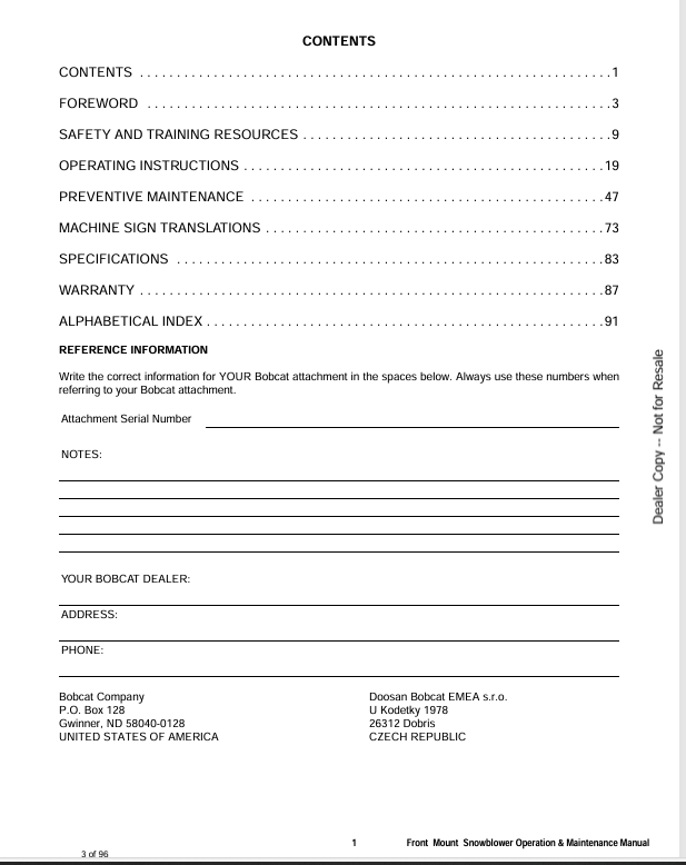 BOBCAT BLOWER FMSB49, FMSB62 FRONT MOUNT SNOWBLOWER (6990475ENUS) OPERATION AND MAINTENANCE MANUAL PDF FILE