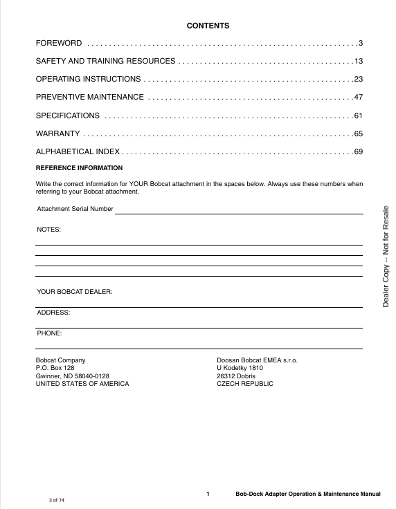 BOBCAT BOB-DOCK ADAPTER (7360445) OPERATION AND MAINTENANCE MANUAL PDF FILE