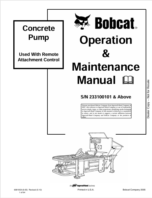 BOBCAT CONCRETE PUMP OPERATION & MAINTENANCE MANUAL (6901059) - PDF FILE