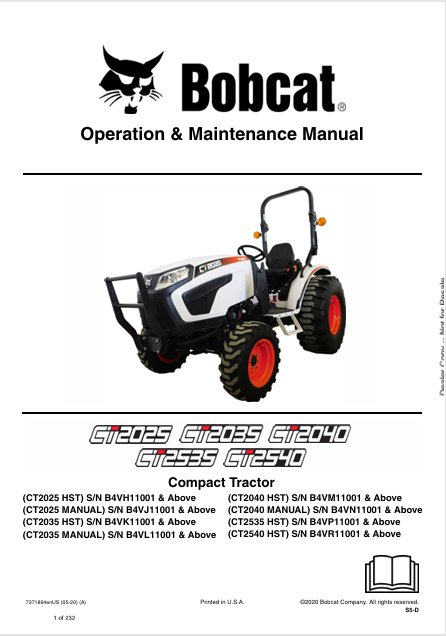 BOBCAT CT2025, CT2035, CT2040, CT2535, CT2540 COMPACT TRACTOR OPERATION & MAINTENANCE MANUAL (7371864) - PDF FILE
