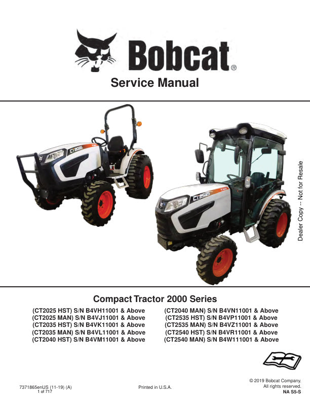 Bobcat CT2025 CT2035 CT2040 CT2535 CT2540 Tractor Service Information 7371865 (11-19)