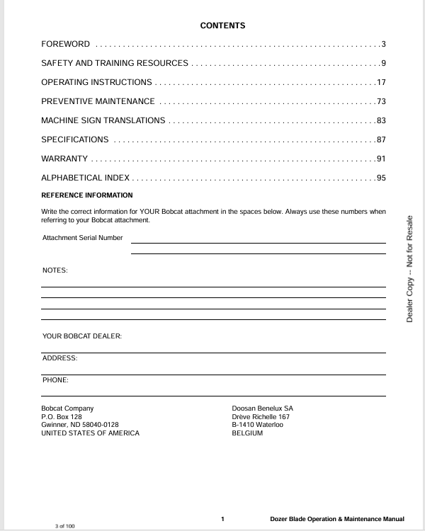 BOBCAT DOZER BLADE 68, 80, 90 (6900819) OPERATION AND MAINTENANCE MANUAL PDF FILE