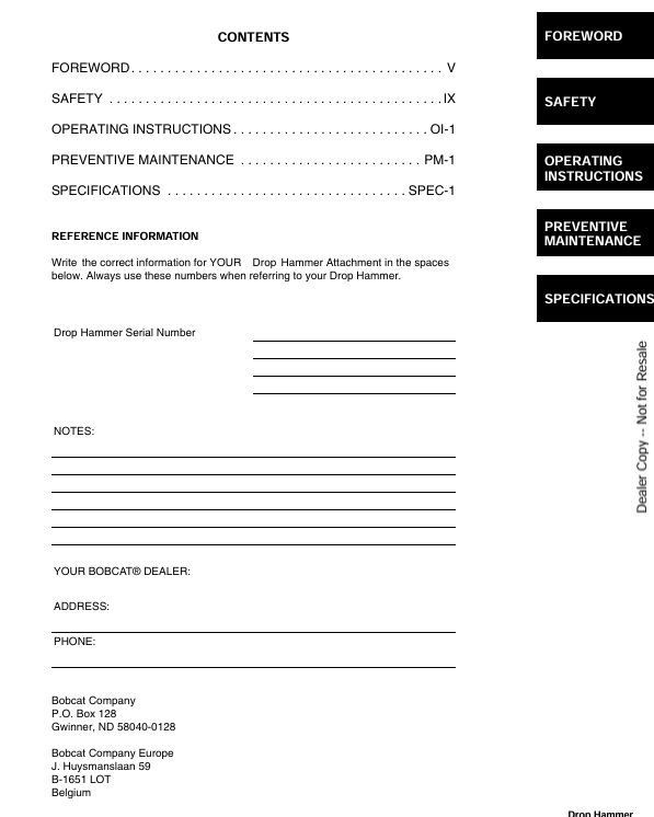 BOBCAT DROP HAMMER (6902719) OPERATION & MAINTENANCE MANUAL PDF FILE
