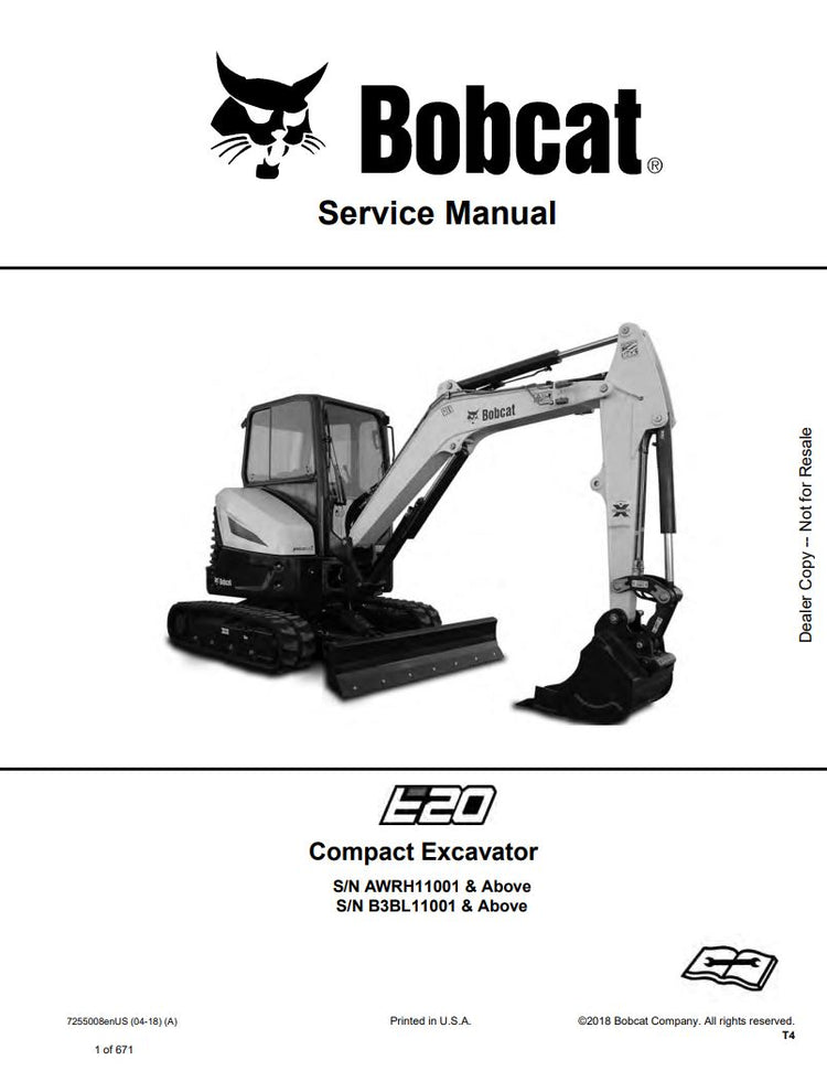 BOBCAT E20 Excavator AWRH11001 B3BL11001 & Up Service PDF 7255008