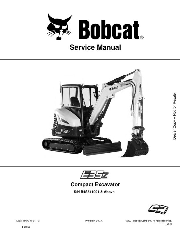 BOBCAT E35Z B4S511001 & UP Excavator Service Manual 7362211 PDF