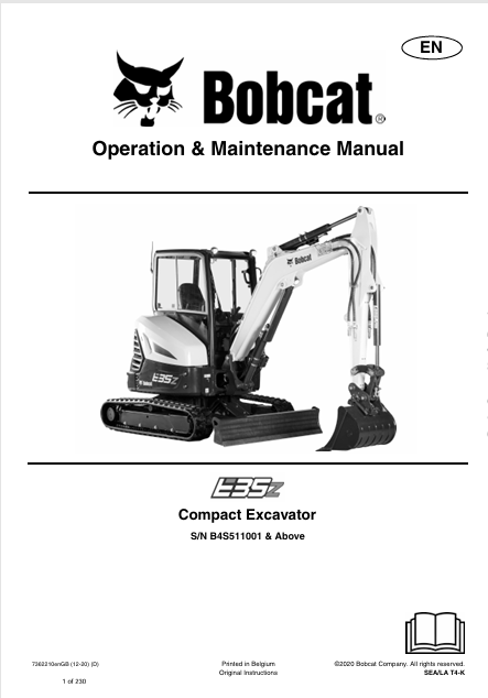 BOBCAT E35Z COMPACT EXCAVATOR OPERATION & MAINTENANCE MANUAL (7362210) - PDF FILE
