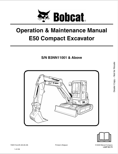 BOBCAT E50 COMPACT EXCAVATOR OPERATION & MAINTENANCE MANUAL (7300141) - PDF FILE