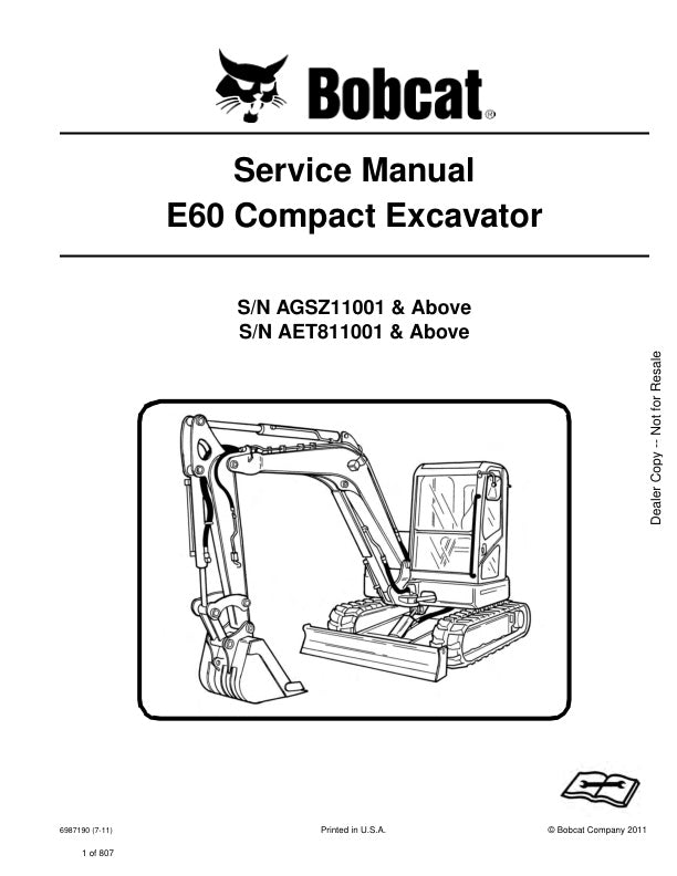 BOBCAT E60 AGSZ11001 AET811001 & Up Service Information 6987190 PDF