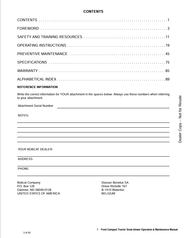 BOBCAT FCTSB49, FCTSB62 FRONT COMPACT TRACTOR SNOWBLOWER (6989401ENUS) OPERATION AND MAINTENANCE MANUAL PDF FILE