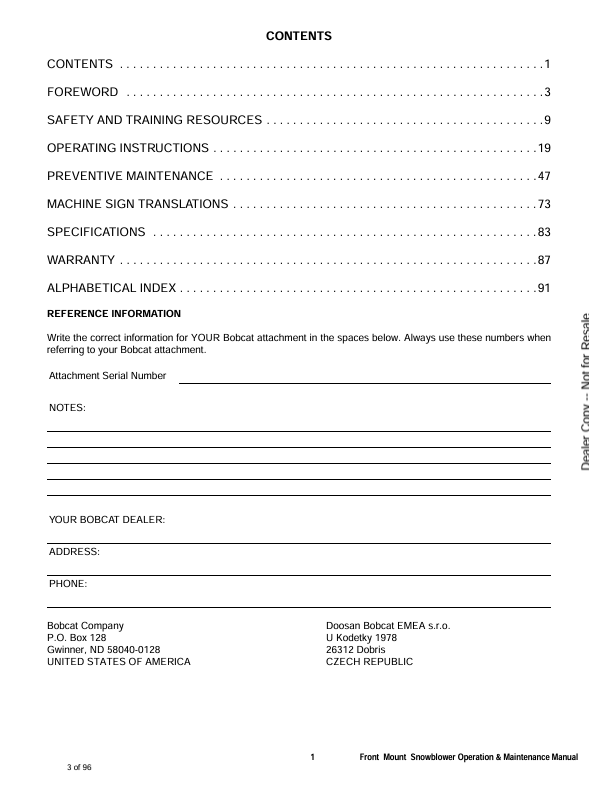 BOBCAT FRONT MOUNT SNOW BLOWER (6990475ENUS) OPERATION & MAINTENANCE MANUAL PDF DOWNLOAD