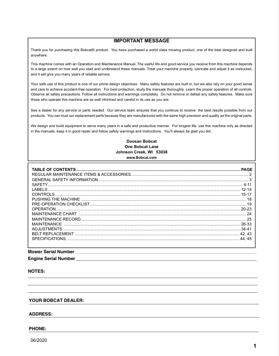 BOBCAT KAW FX1000V (4178816ENUS) OPERATION & MAINTENANCE MANUAL PDF FILE
